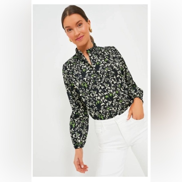Tuckernuck Avalon Blouse XXS NWT Black Verdant Iris Floral Cotton Long sleeve - Picture 1 of 13